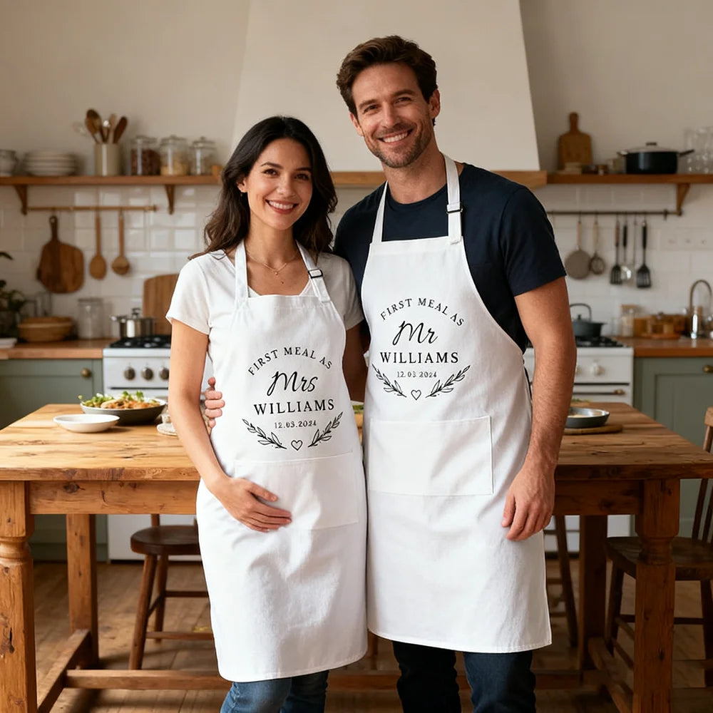 Personalized Mr & Mrs Couple Apron | Newlywed Wedding Gift Set Personalized Couple Apron Peaceful Pleasures Health and Wellness