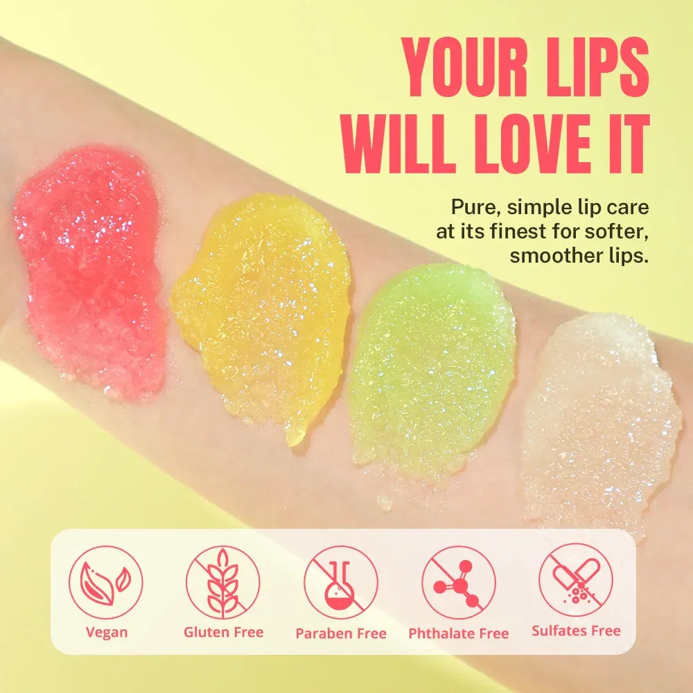 Lip balm swatches on skin with text and icons indicating product features.