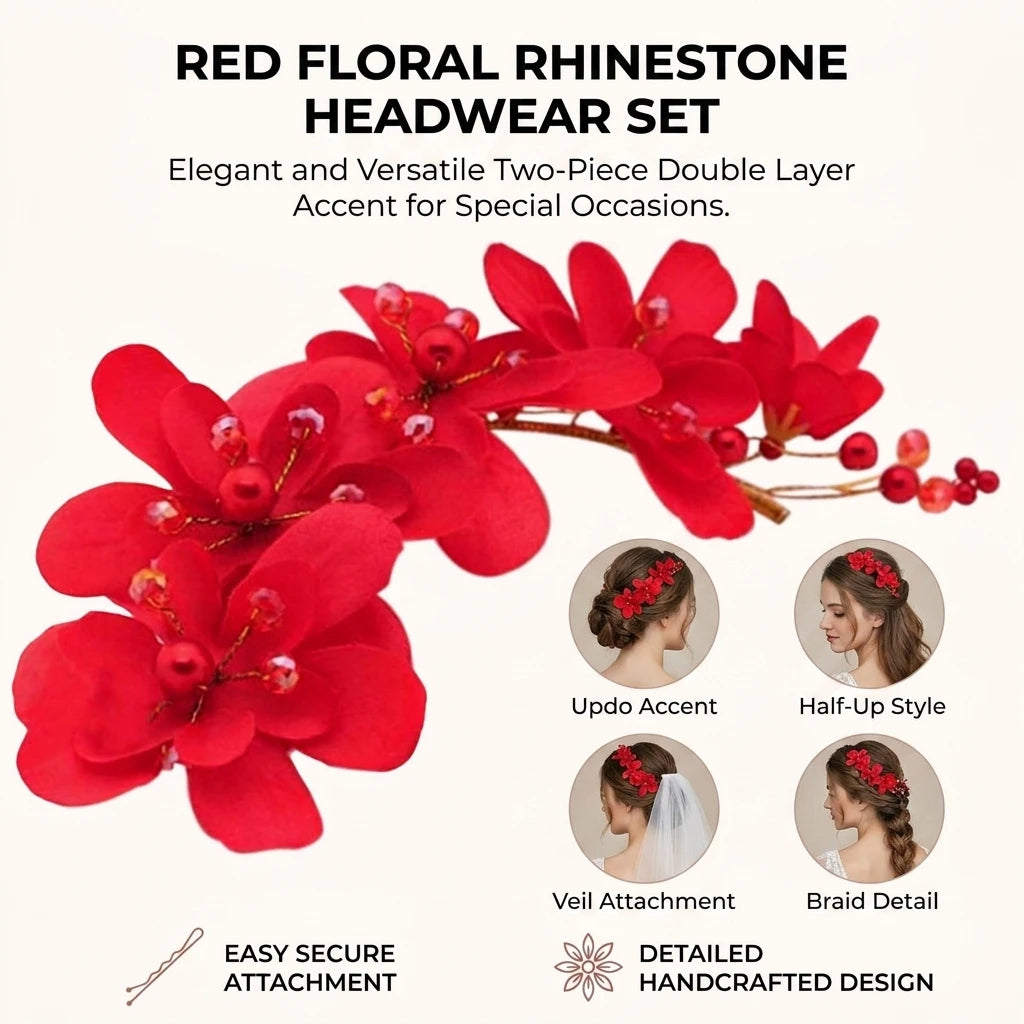Red Rhinestone Lace Hair Accessories 2pcs Double Layer Design Comfortable Fit for Wedding Party Peaceful Pleasures Health and Wellness