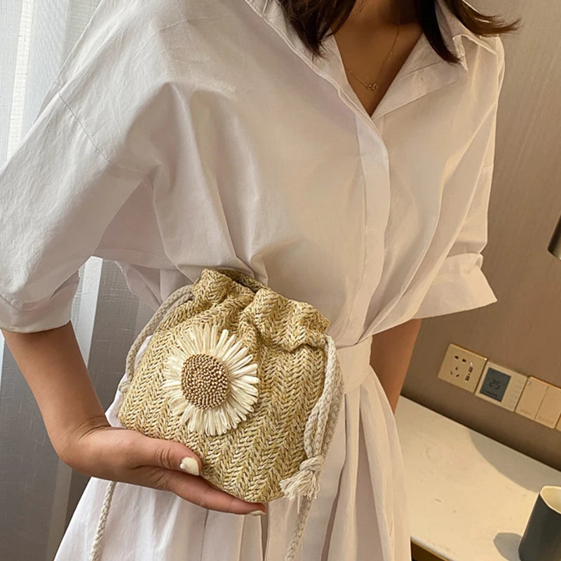 Rattan Straw Woven Crossbody Bucket Bag | Flower Shoulder Bag