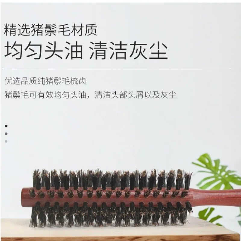 Boar Bristle Round Hair Brush & Tail Comb | Wood Handle