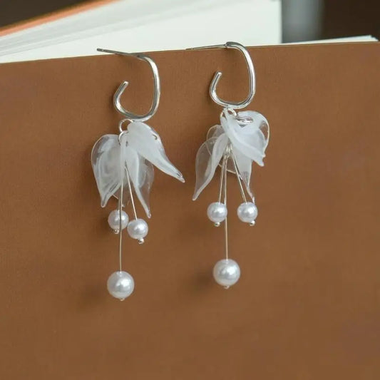 White Floral Dangle Earrings – Faux Pearl Tassel Bridal Gift