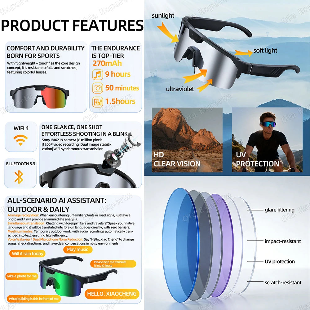 Smart Glasses bluetooth camera Recording Videos AI Photo Recognition Answer Call Waterproof Music Play Men Women Cycling Glasses Peaceful Pleasures Health and Wellness