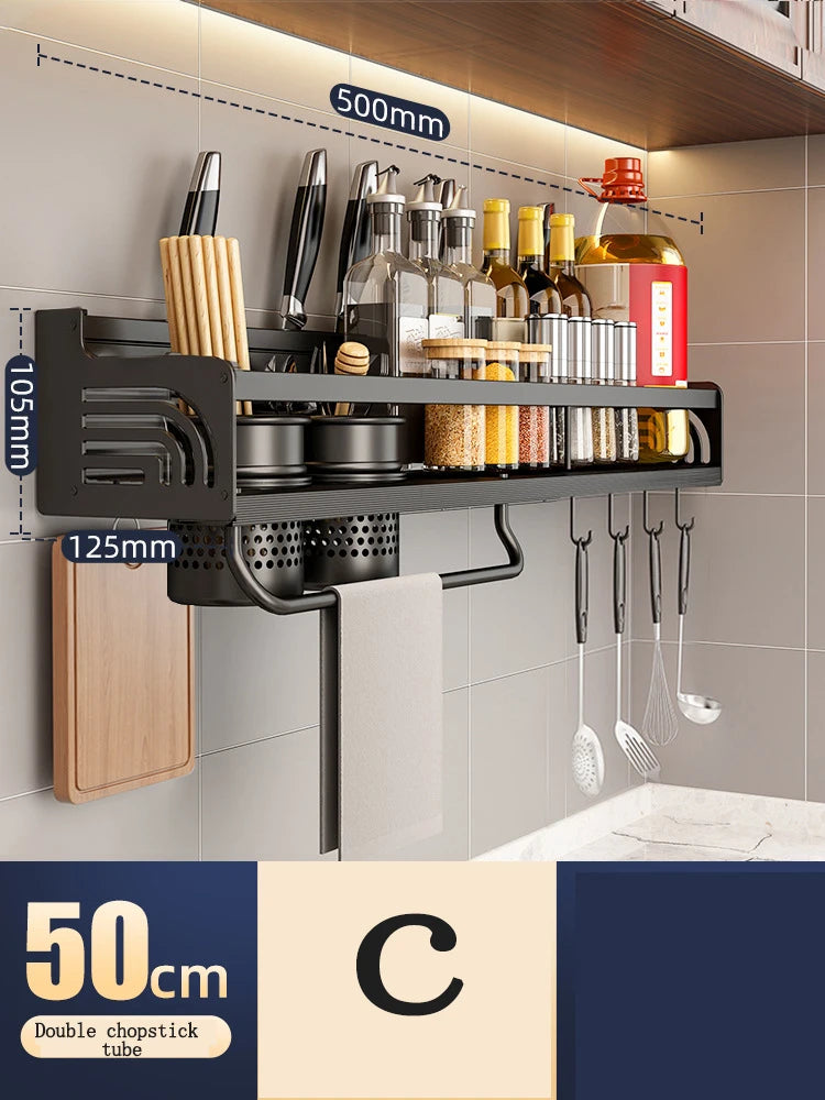Kitchen Organizer Shelf Wall-mounted Spice Storage Rack Kitchen Knife Holder Wall Seasoning Chopstick Spoon Shovel Storage Peaceful Pleasures Health and Wellness 50CM C