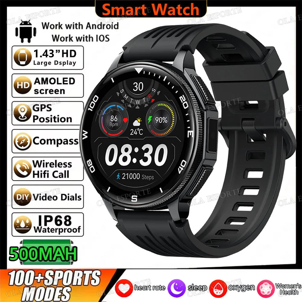500mAh Outdoor Military Smart Watch Men Heart Rate Health monitor BT Call IP68 Waterproof GPS 100+Sports Mode SmartWatch HW12 Peaceful Pleasures Health and Wellness Black