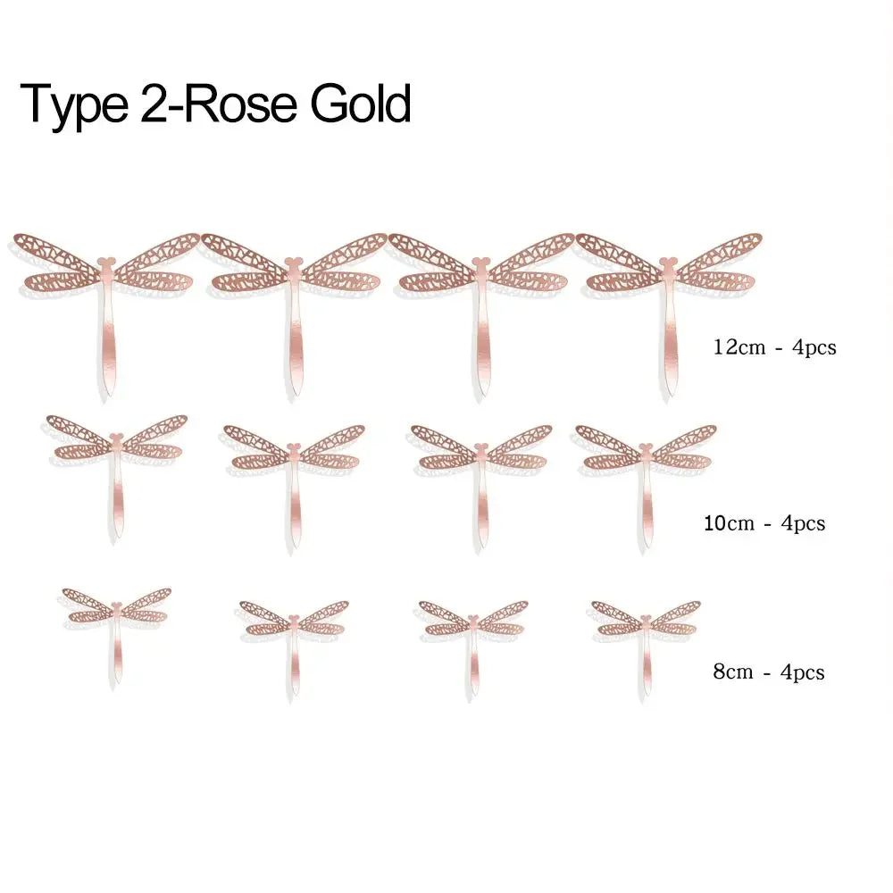12-Pack 3D Dragonfly Wall Stickers – Gold Silver Rose Gold