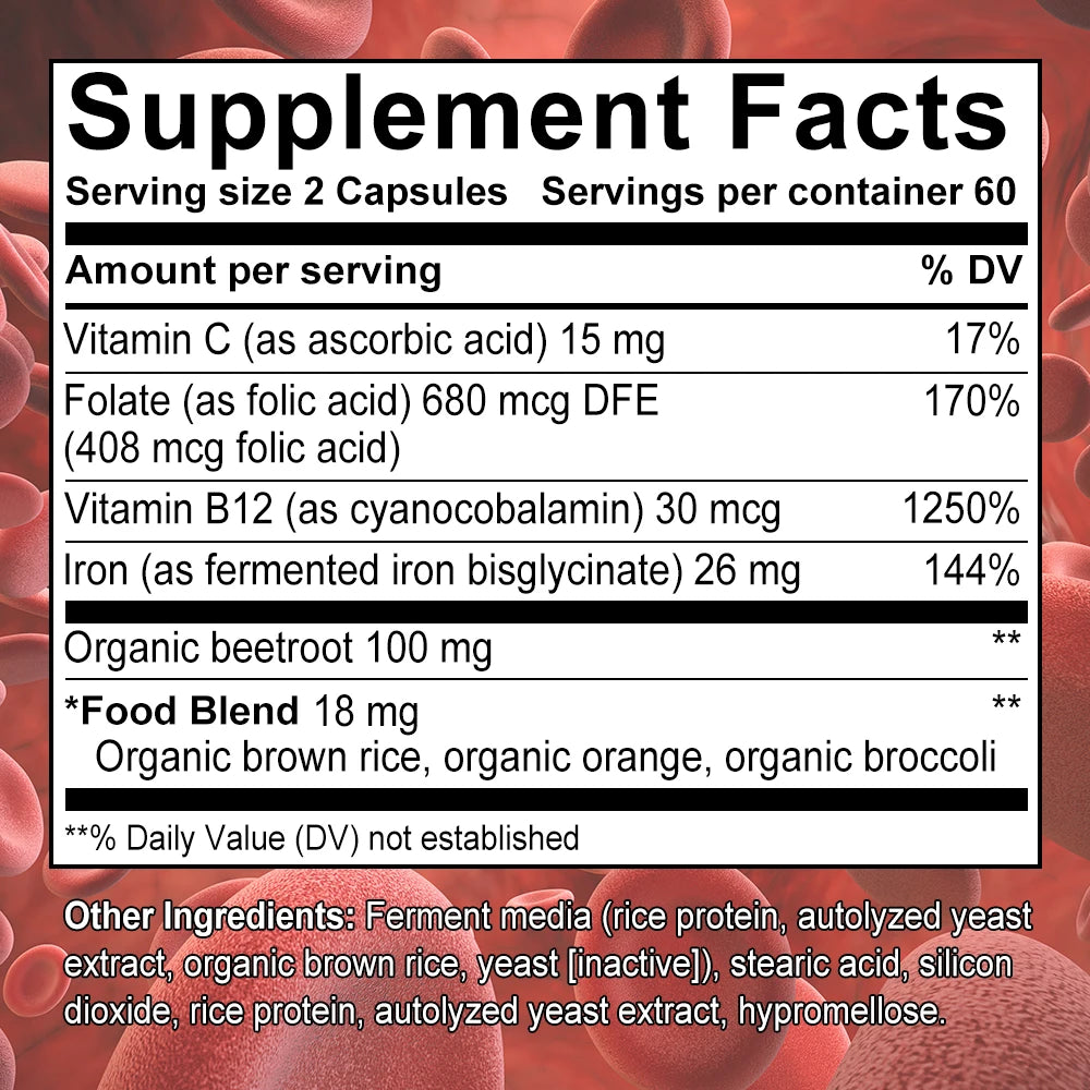 Blood Circulation - Iron Supplement - Iron with Vitamin C, Vitamin B12 and Folic Acid - Blood Health, 120 Capsules Peaceful Pleasures Health and Wellness