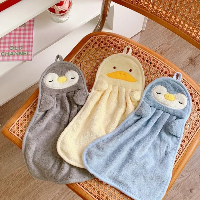 Cute Animal Kids Hand Towels – Soft Coral Fleece Duck & Penguin