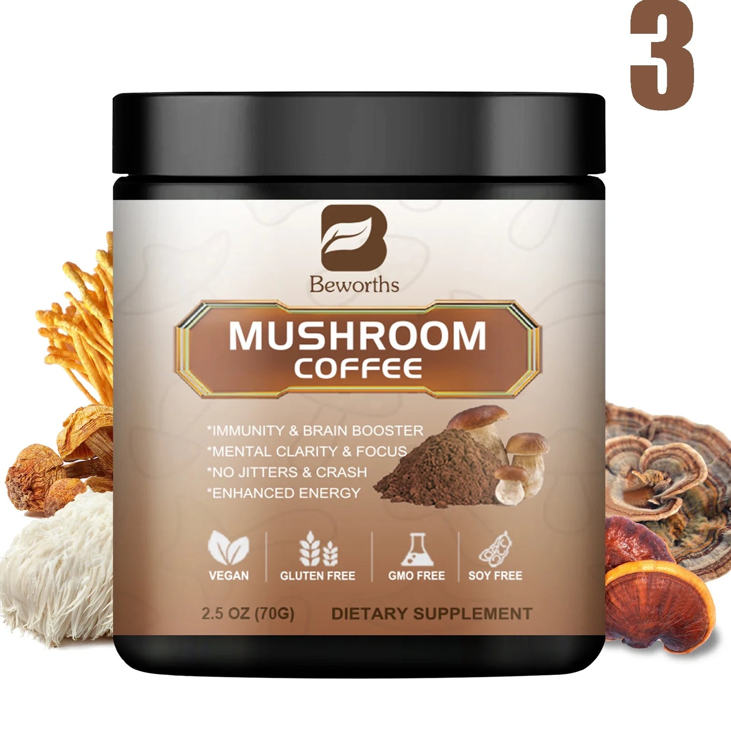 BEWORTHS 10-in-1 Mushroom Coffee – Lion's Mane & Reishi 70g
