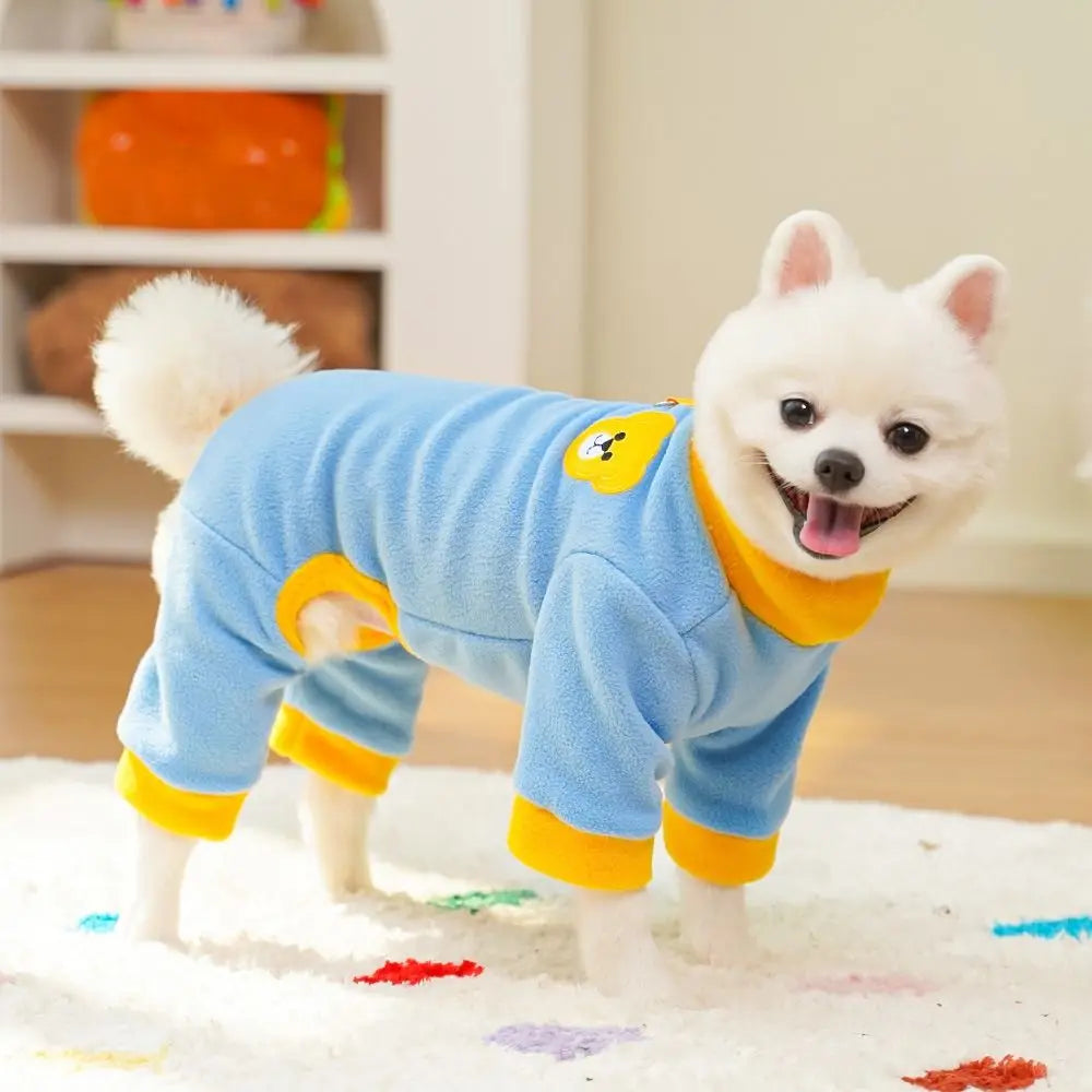 Bear Pattern Plush Dog Jumpsuit | Warm 4-Leg Pet Pajamas