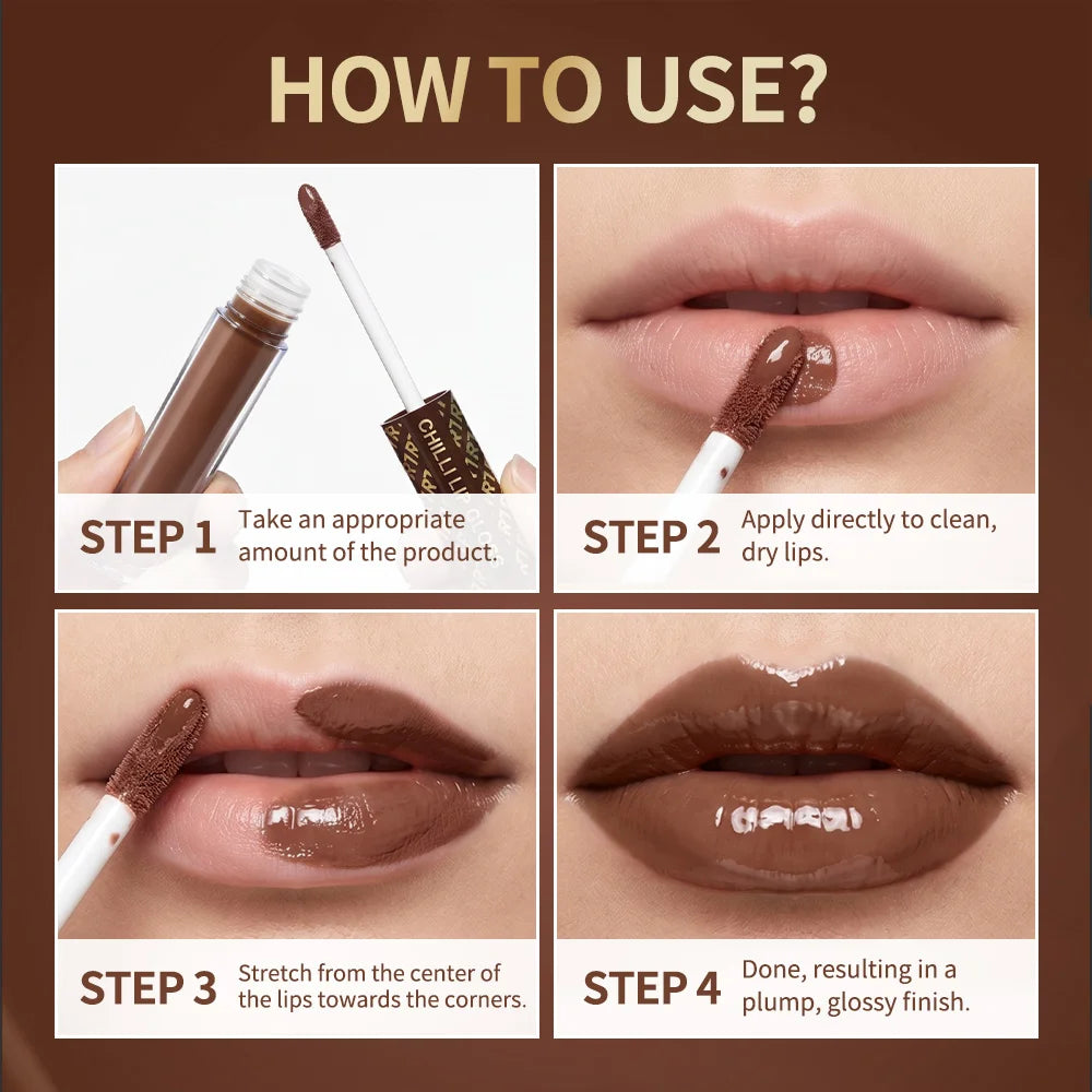 Chocolate Chilli Lip Gloss Lip Gloss Instant Plump Lips Mirror Gloss Finish Moisturizing Non-drying Lip Plumper Lipstick Makeup Peaceful Pleasures Health and Wellness