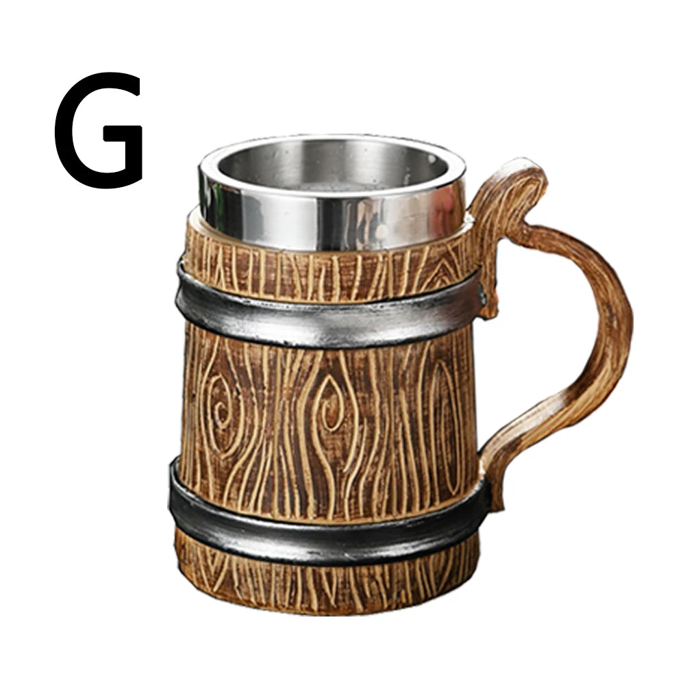 Wooden Barrel Beer Cup Stainless Steel Coffee Mug Viking Style Vintage Beer Mug Double Wall Drinking Cup Halloween Bar Drinkware Peaceful Pleasures Health and Wellness G 600ml
