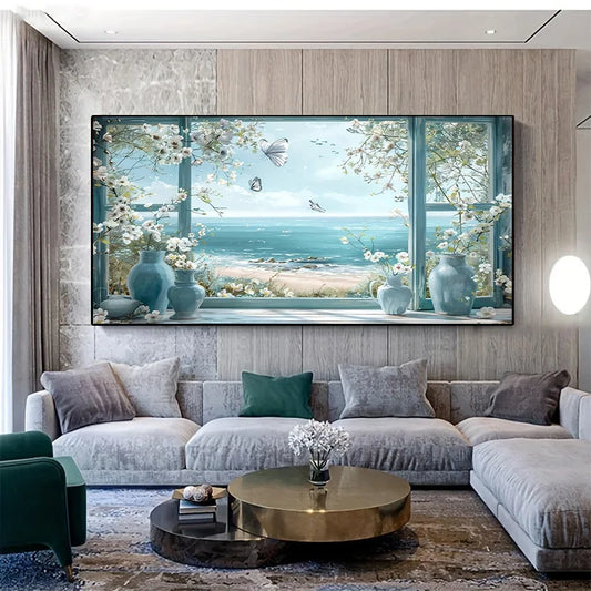 1pc Frameless Window Side Vase Scenery Print Art, Beach Butterfly Wall Decor for Living Room and Bedroom, Modern Canvas Poster Peaceful Pleasures Health and Wellness ZLH4360 90x180cm No Frame