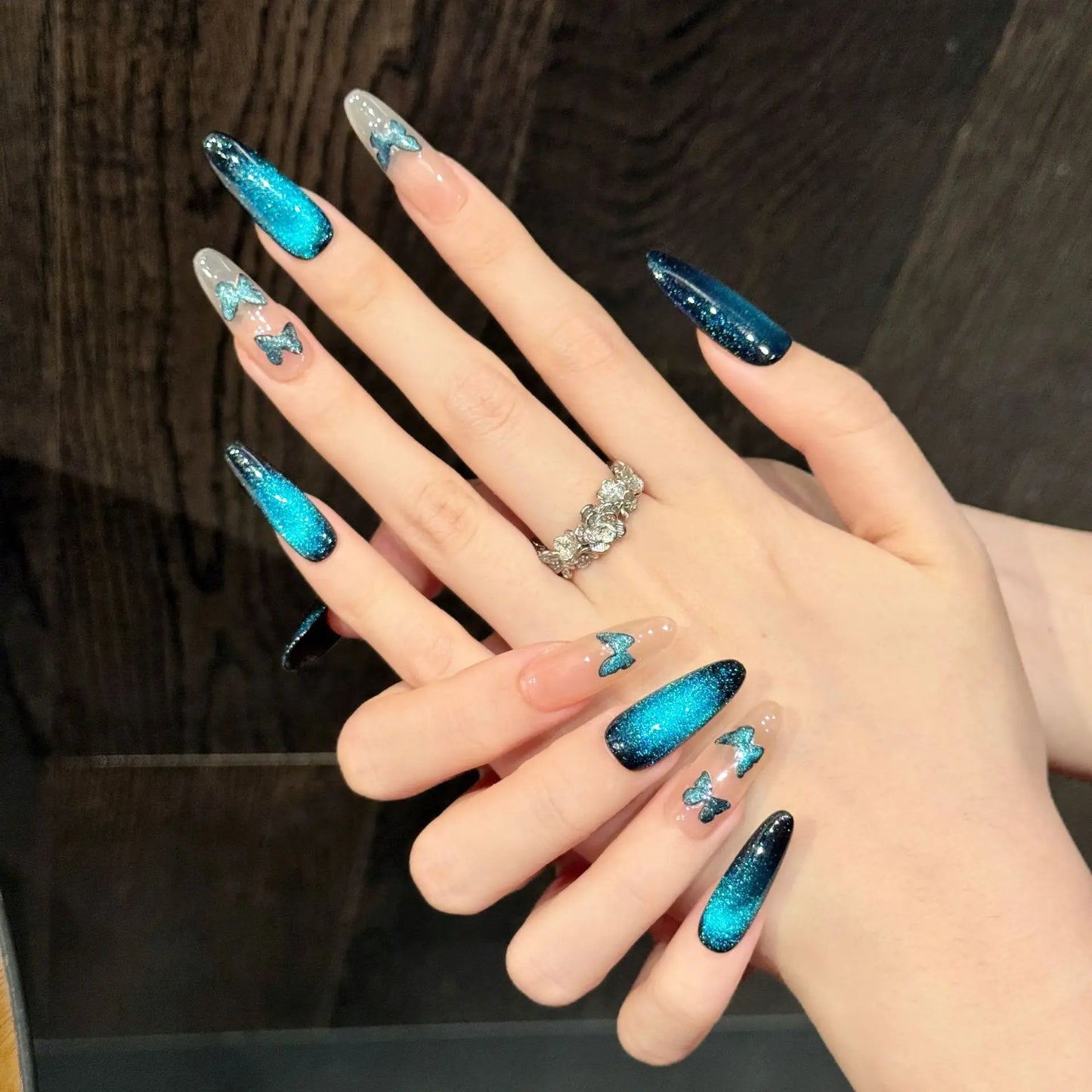Blue Cat Eye Press On Nails – Butterfly Almond Tips 10pc