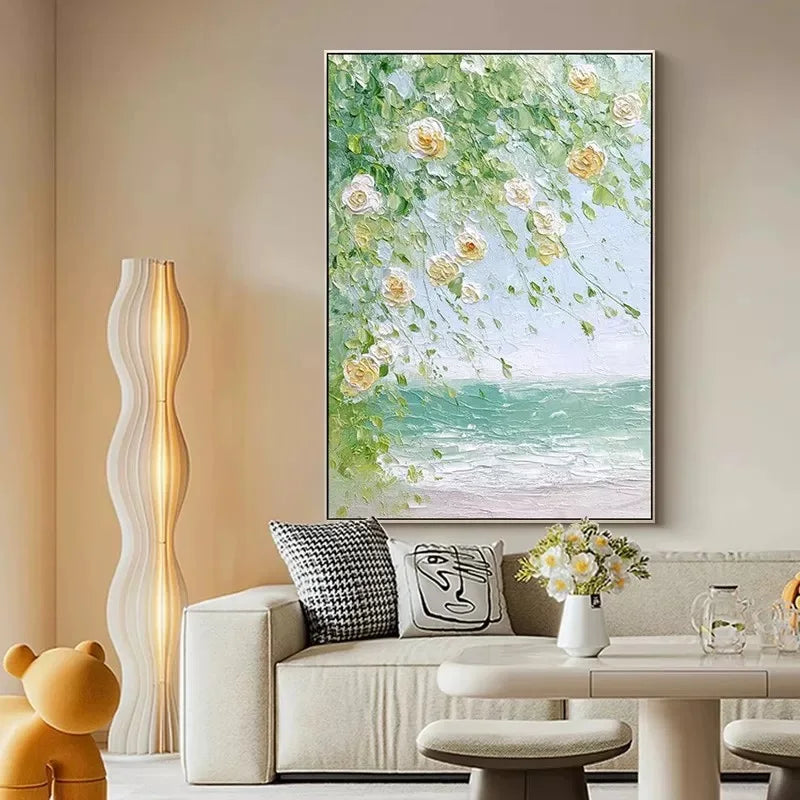 Hand Painted Canvas Oil Painting Abstract Green Spring Flowers Landscape Poster Wall Art Home Decor Mural Living Room Bedroom Peaceful Pleasures Health and Wellness