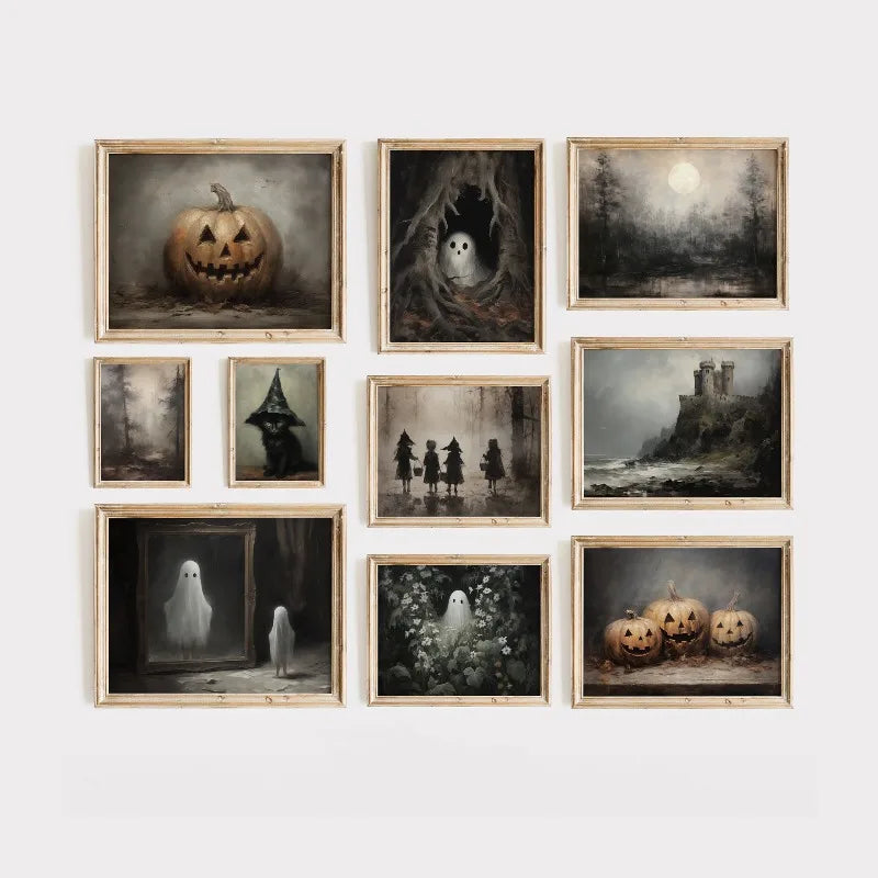 Vintage Spooky Halloween Prints Poster Dark Ghost Pumpkin Autumn Canvas Painting Moody Wall Art Gallery Living Room Home Deco Peaceful Pleasures Health and Wellness