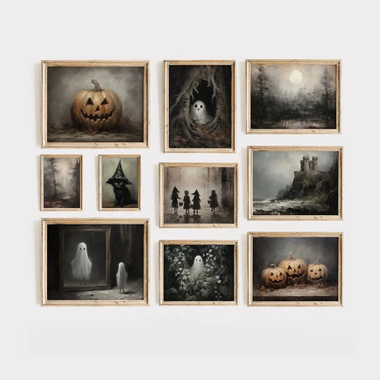 Vintage Spooky Halloween Prints Poster Dark Ghost Pumpkin Autumn Canvas Painting Moody Wall Art Gallery Living Room Home Deco Peaceful Pleasures Health and Wellness