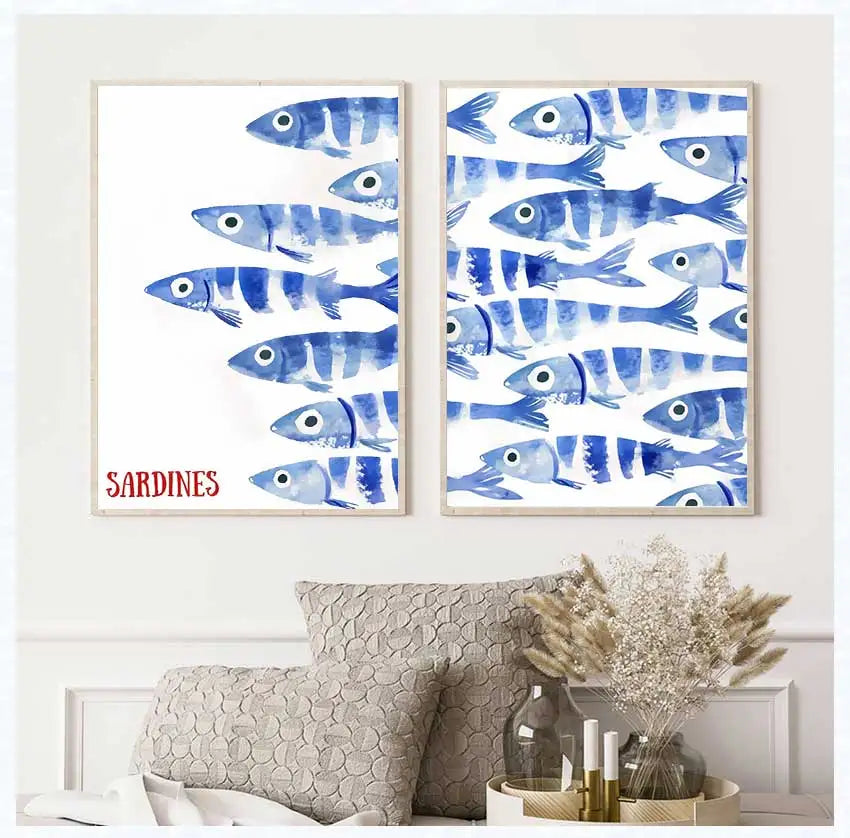 Blue Sardines Fish Canvas Print Set | Japanese Cute Wall Art