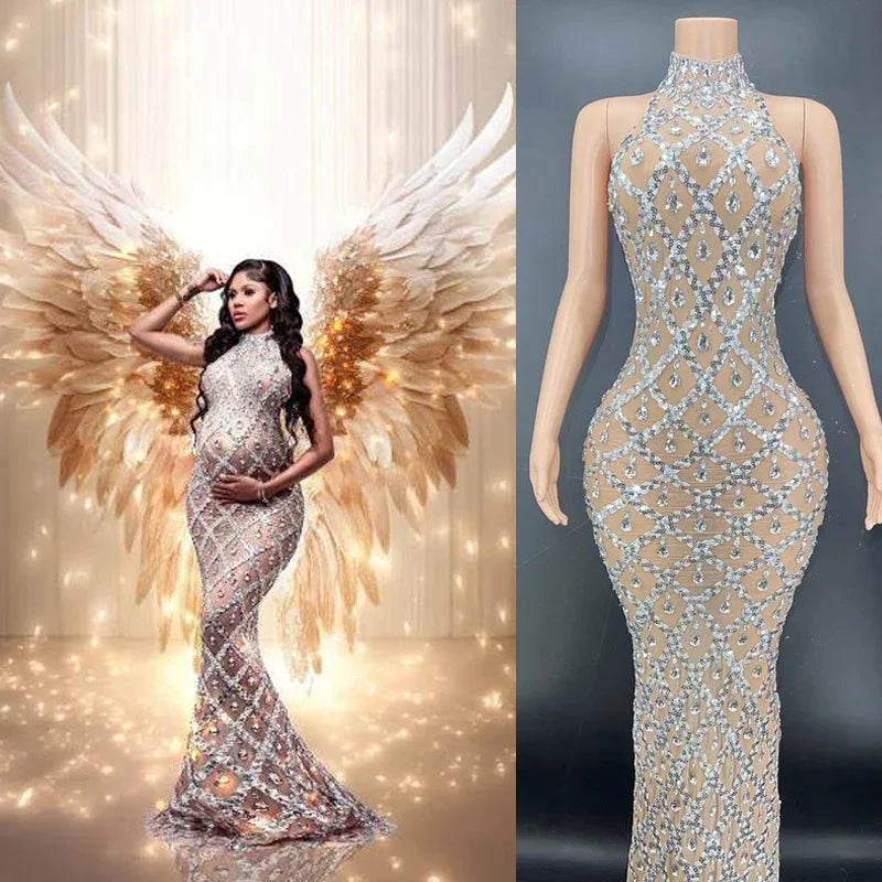Shiny Rhinestone Women Evening Diamond Dress maternity dresses photoshoot baby shower vestidos para embarazadas فساتين حوامل Peaceful Pleasures Health and Wellness silver S