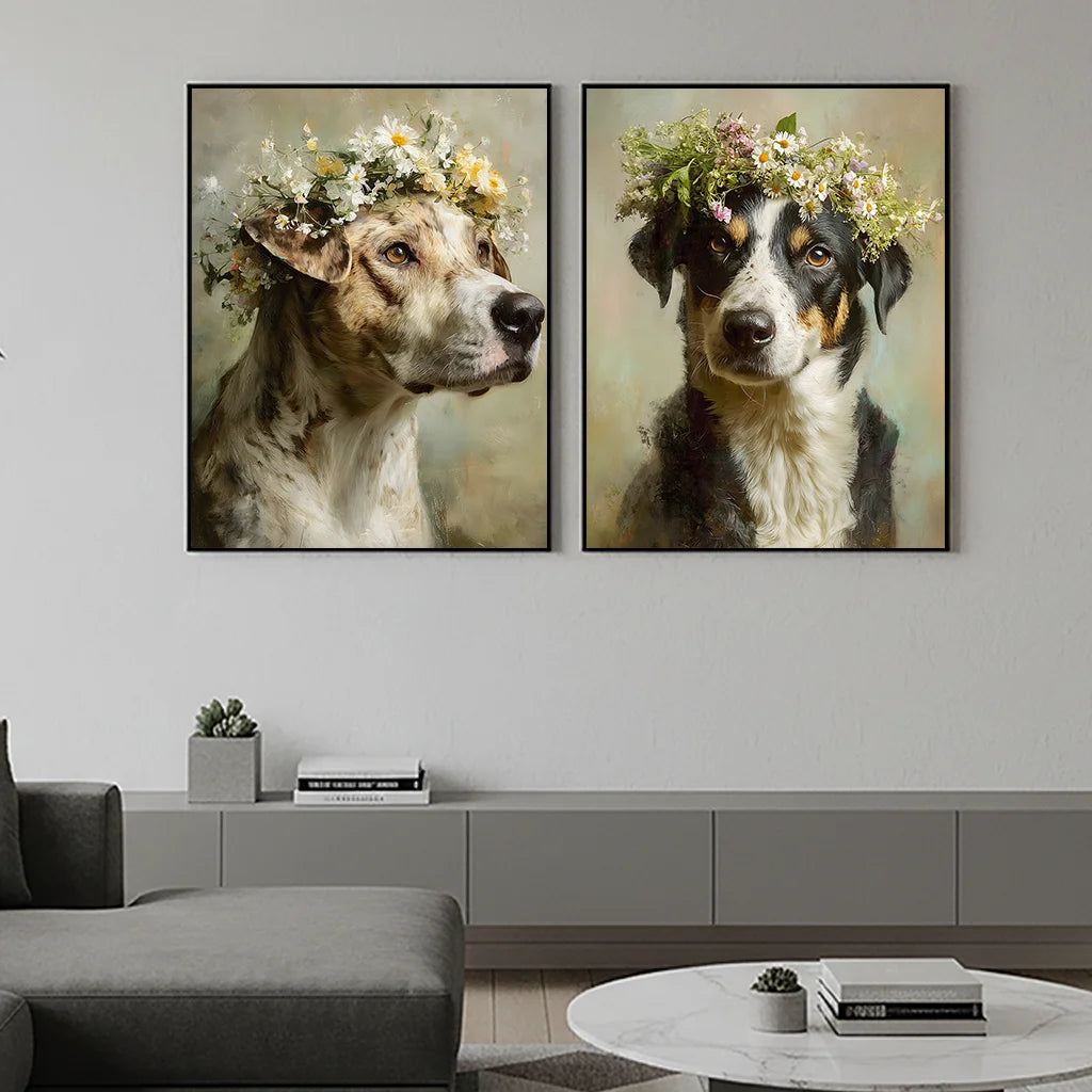 Vintage Puppy Flower Crown Canvas Wall Art | Dog Poster Print Canvas Wall Art Peaceful Pleasures Health and Wellness