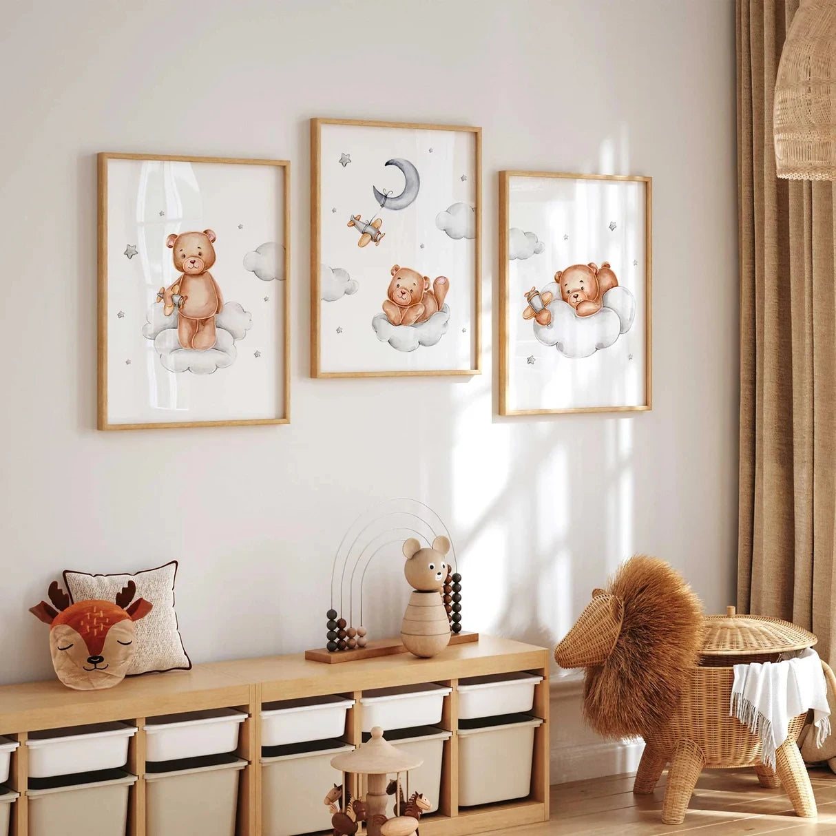 3-Piece Cartoon Bear Airplane Canvas Wall Art | Kids Room Decor