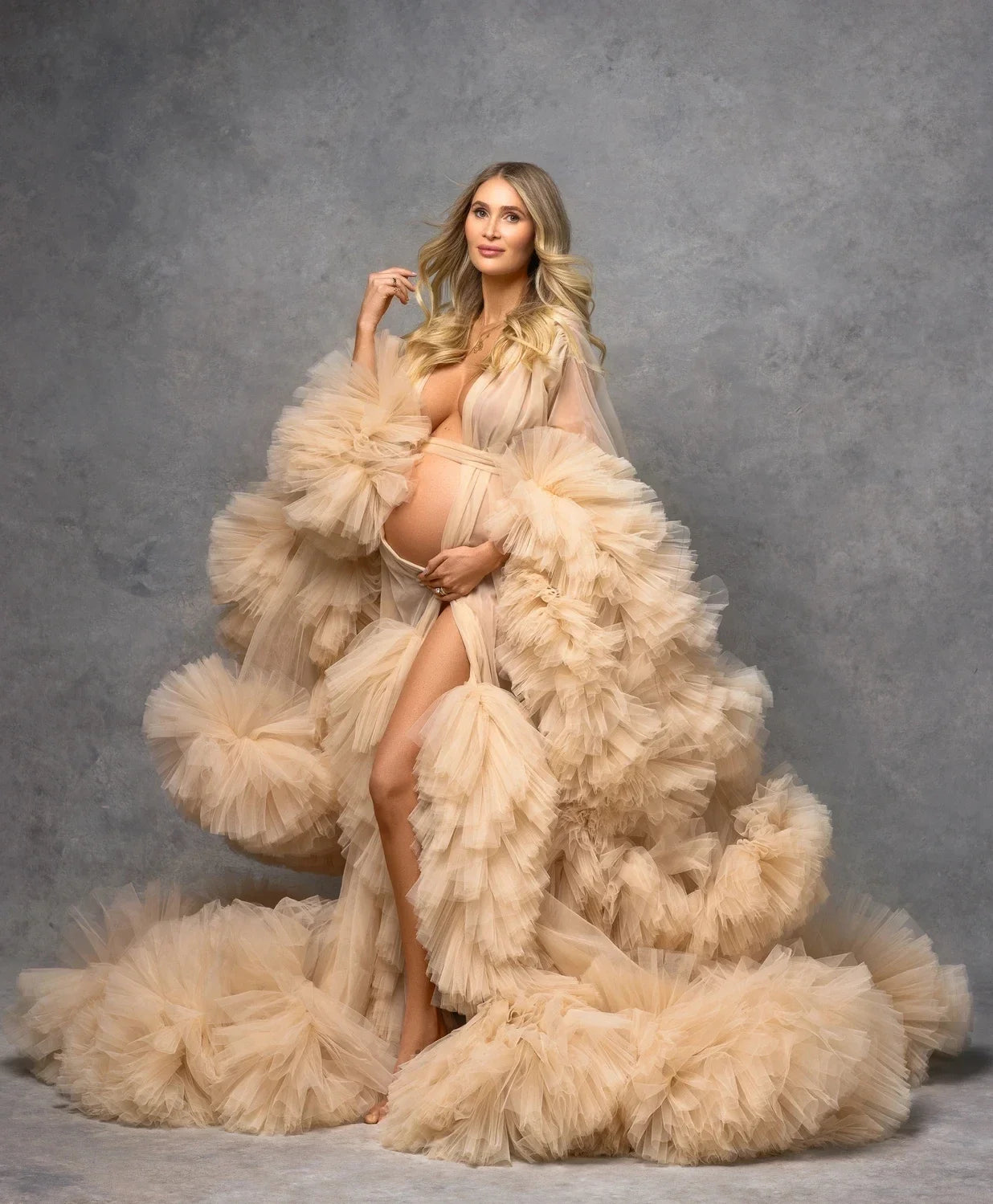 Puffy Ruffled Tulle Maternity Dress Women Robes for Photoshoot Extra Fluffy Baby shower Photographie de vêtements de maternité Peaceful Pleasures Health and Wellness champagne US10 China Mainland