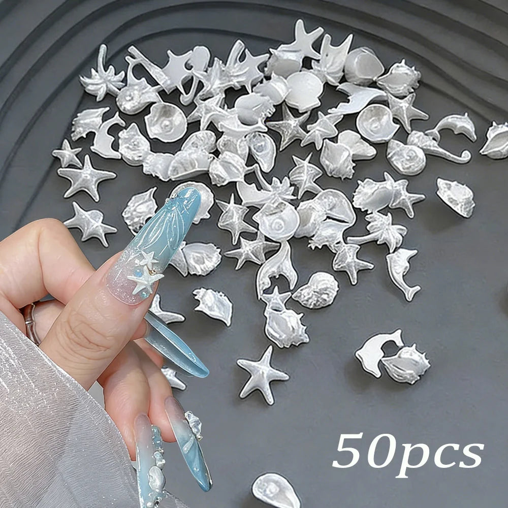 50pcs Ocean Series Nails Charms 3D Resin White Pearl Shell Star Dolphin Rhinestones Jewelry Flash Nail Art Decorations Accessory Peaceful Pleasures Health and Wellness