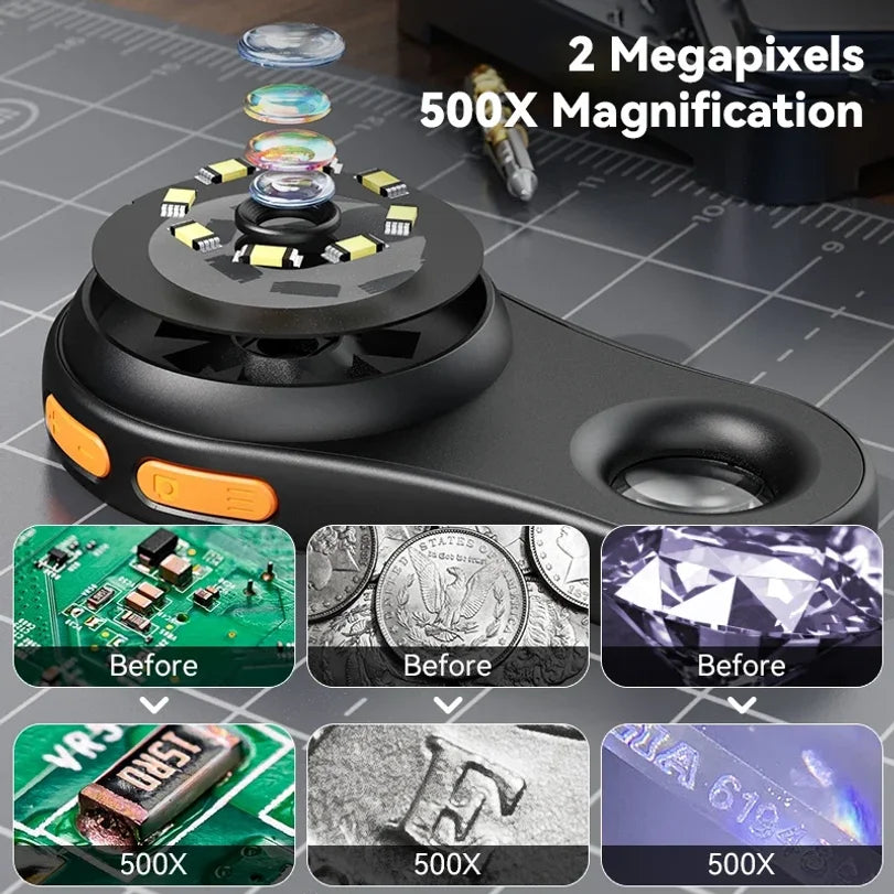 500X Digital Handheld Microscope | LED Light, 2" IPS Screen