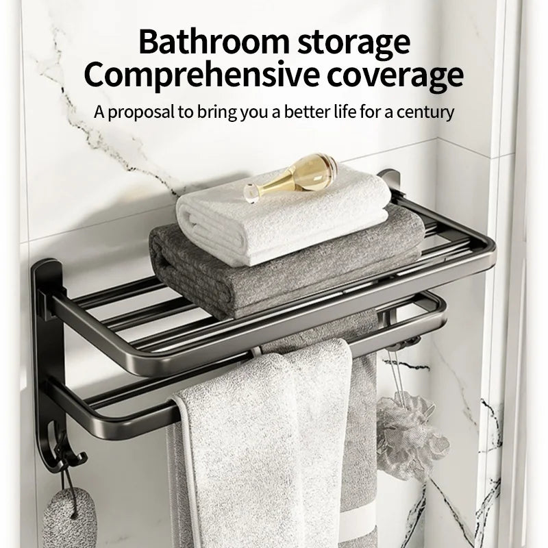 Foldable No-Drill Wall-Mounted Towel Rack – Black Metal Bar