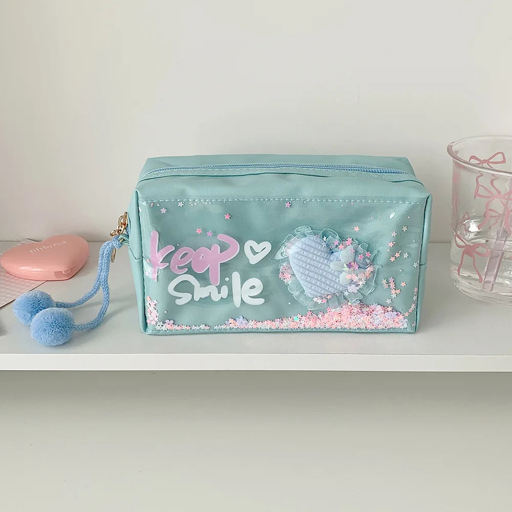 Creative Love Flowing Sand Pencil Bag Student Large Capacity