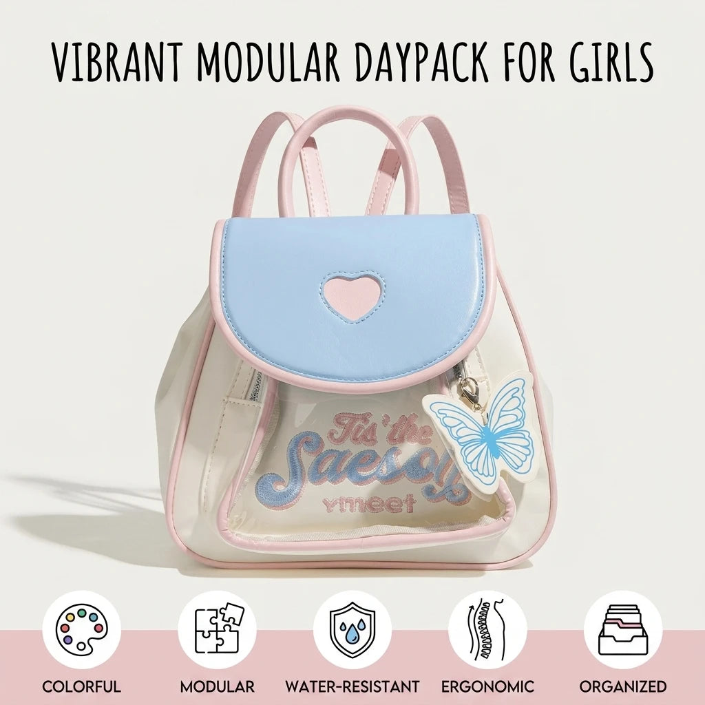Dopamine Color Backpack for Girls Modular Design School Commute Travel Bag with Transparent Layer Peaceful Pleasures Health and Wellness