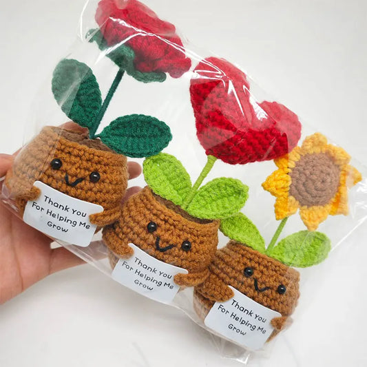 Crochet Sunflower Pot Ornament | Handmade Gift with Positivity Card Crochet Flower Décor Peaceful Pleasures Health and Wellness