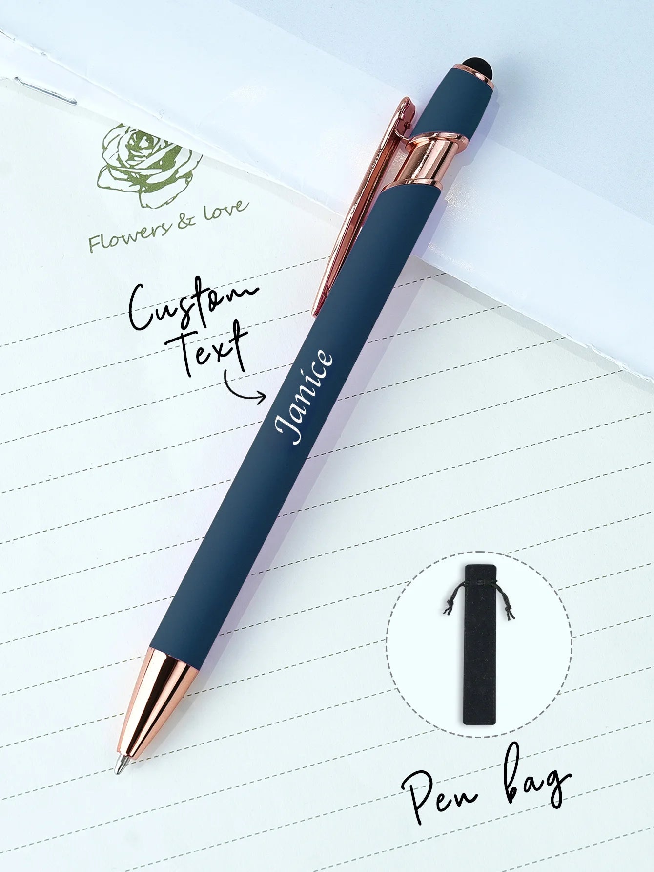 Custom Name Ballpoint Pen Personalized Engraved Stylus Soft Touch 10 Colors Gift For Coupes Teacher Student Back To School Peaceful Pleasures Health and Wellness Navy Blue One Size