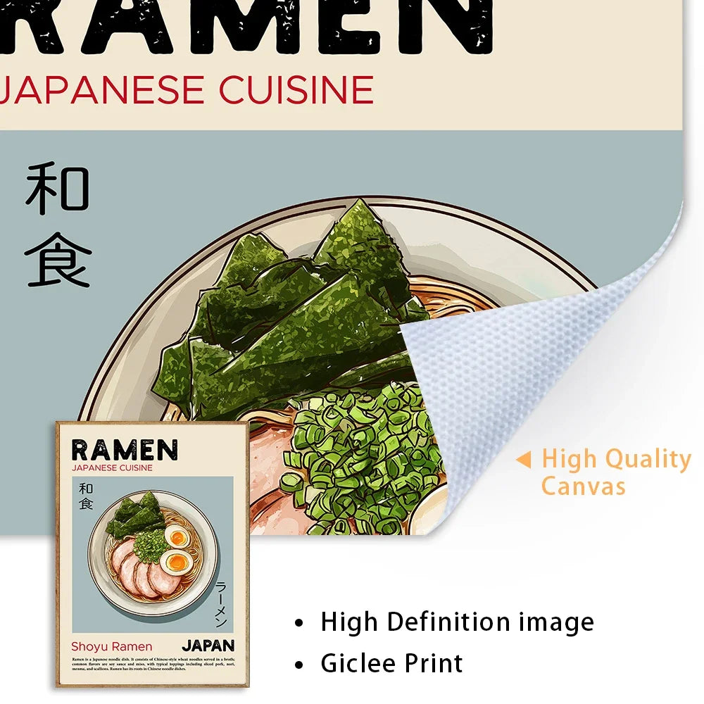 Kitchen Food Poster Pizza Ramen Sushi Spaghetti Kimchi Pancakes Croissant Dumpling Wall Art Canvas Print for Dinning Room Decor Peaceful Pleasures Health and Wellness