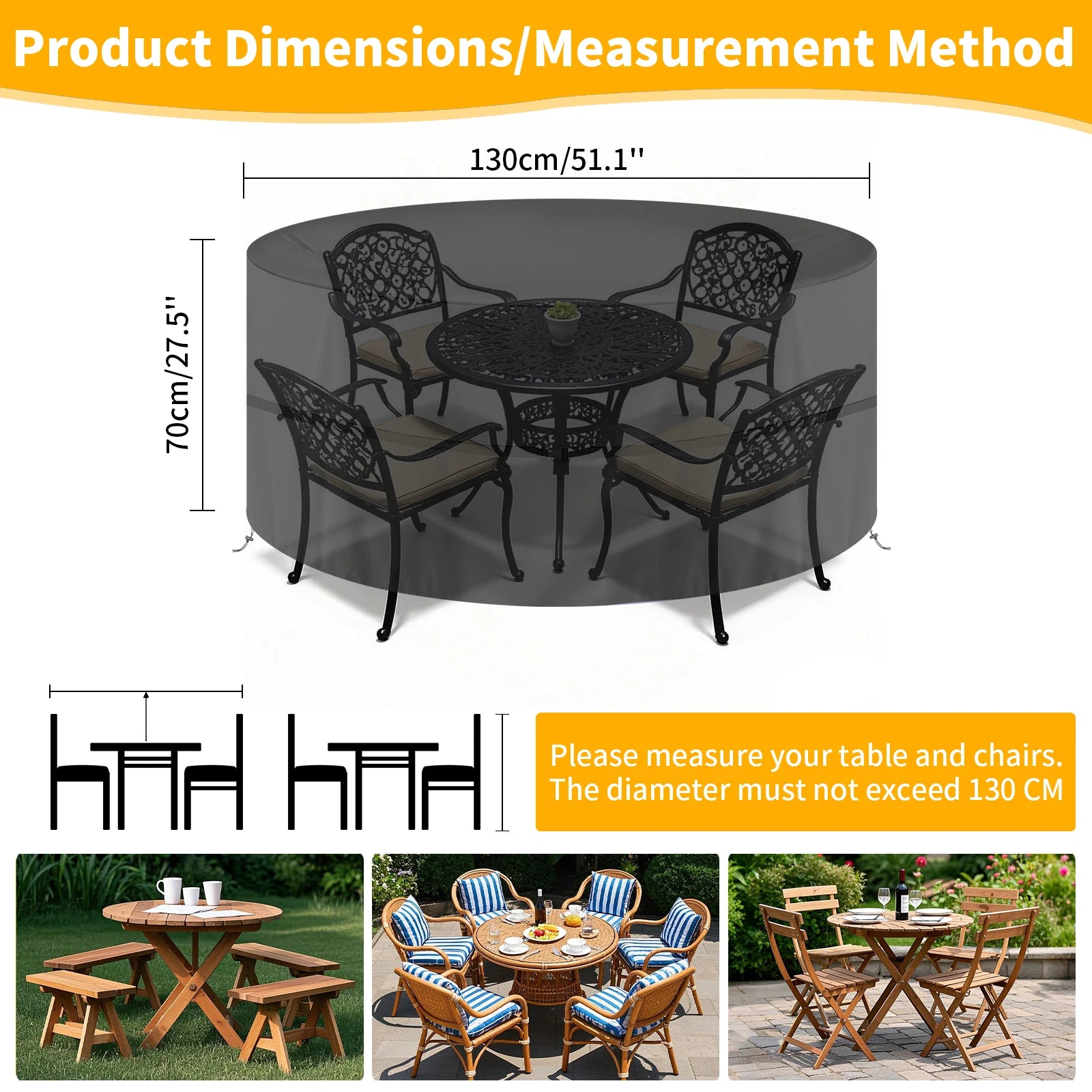 130-230cm Round Furniture Cover Outdoor 210D Waterproof Weatherproof Anti-UV Tear-Resistant Oxford Fabric Table Chairs Covers Peaceful Pleasures Health and Wellness 130x70cm