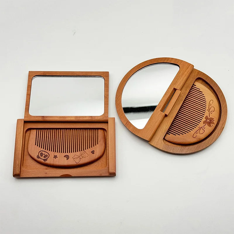 2-in-1 Peachwood Folding Mirror & Comb Set | Portable Compact