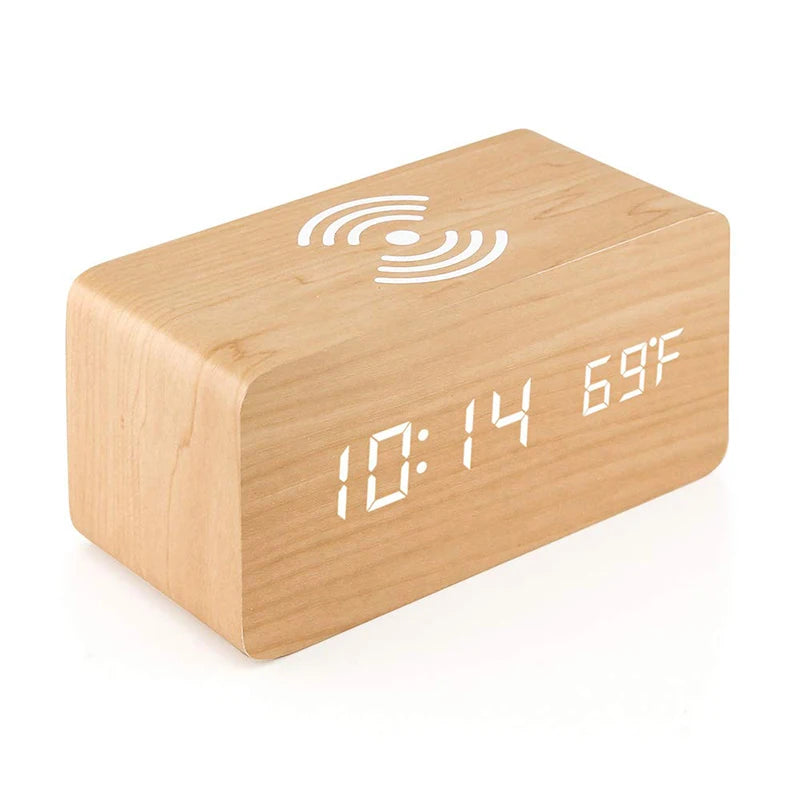 Wooden Digital Alarm Clock with Wireless Charging LED Clock with Time Date Temperature Desk Clocks for Office Bedside Clock Peaceful Pleasures Health and Wellness Bamboo-Charging