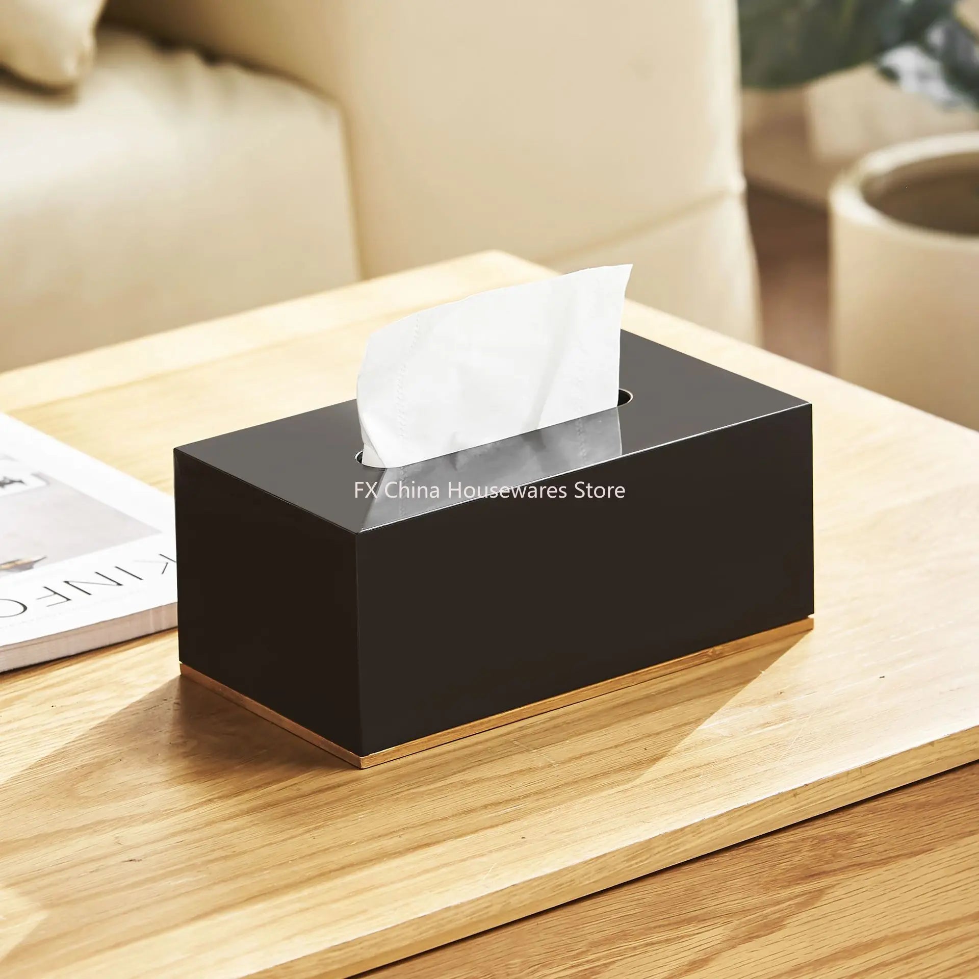 Stylish Plastic Tissue Box with Bamboo Base Desktop Organizer for Living Room Home Office Coffee Table Bathroom Use Peaceful Pleasures Health and Wellness