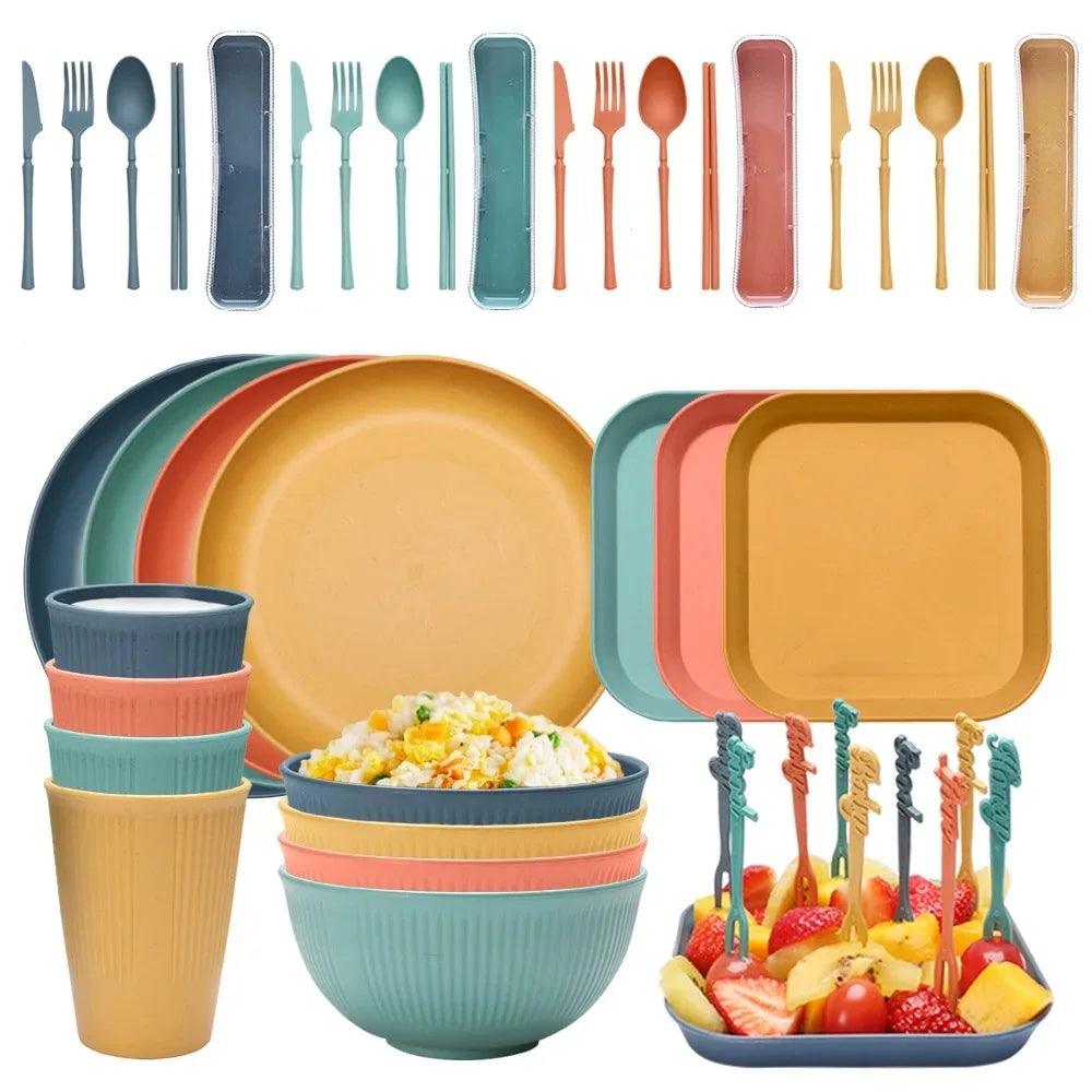 48-Piece Wheat Straw Eco-Friendly Dinnerware Set for 4 – BPA-Free Plates, Bowls, Mugs & Cutlery for Home & Camping