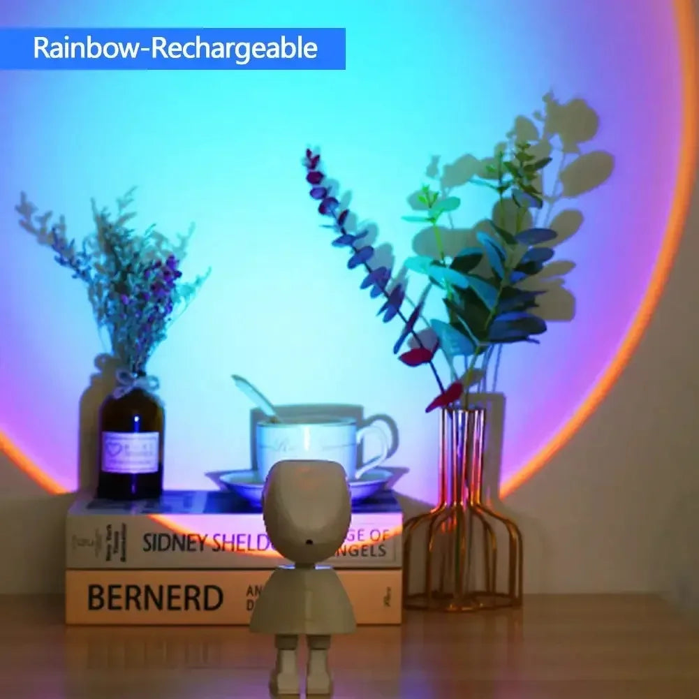Rechargeable Astronaut Robot Rainbow Projection Sun Lamp Table Night Light Sunset Lamp Infinite Dimming Bedroom Atmosphere Light Peaceful Pleasures Health and Wellness Rainbow Color Rechargeable