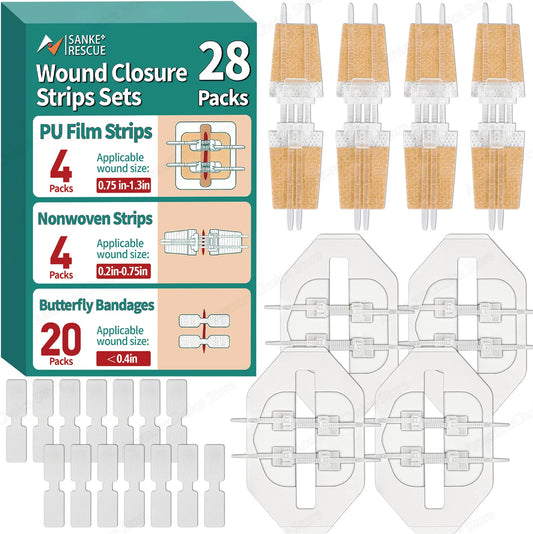 Sanke rescue 14/28 Pack Wound Closure Strips Butterfly Bandages Emergency Laceration Closure Kit Repair Wounds Closures Device Peaceful Pleasures Health and Wellness 28 Packs