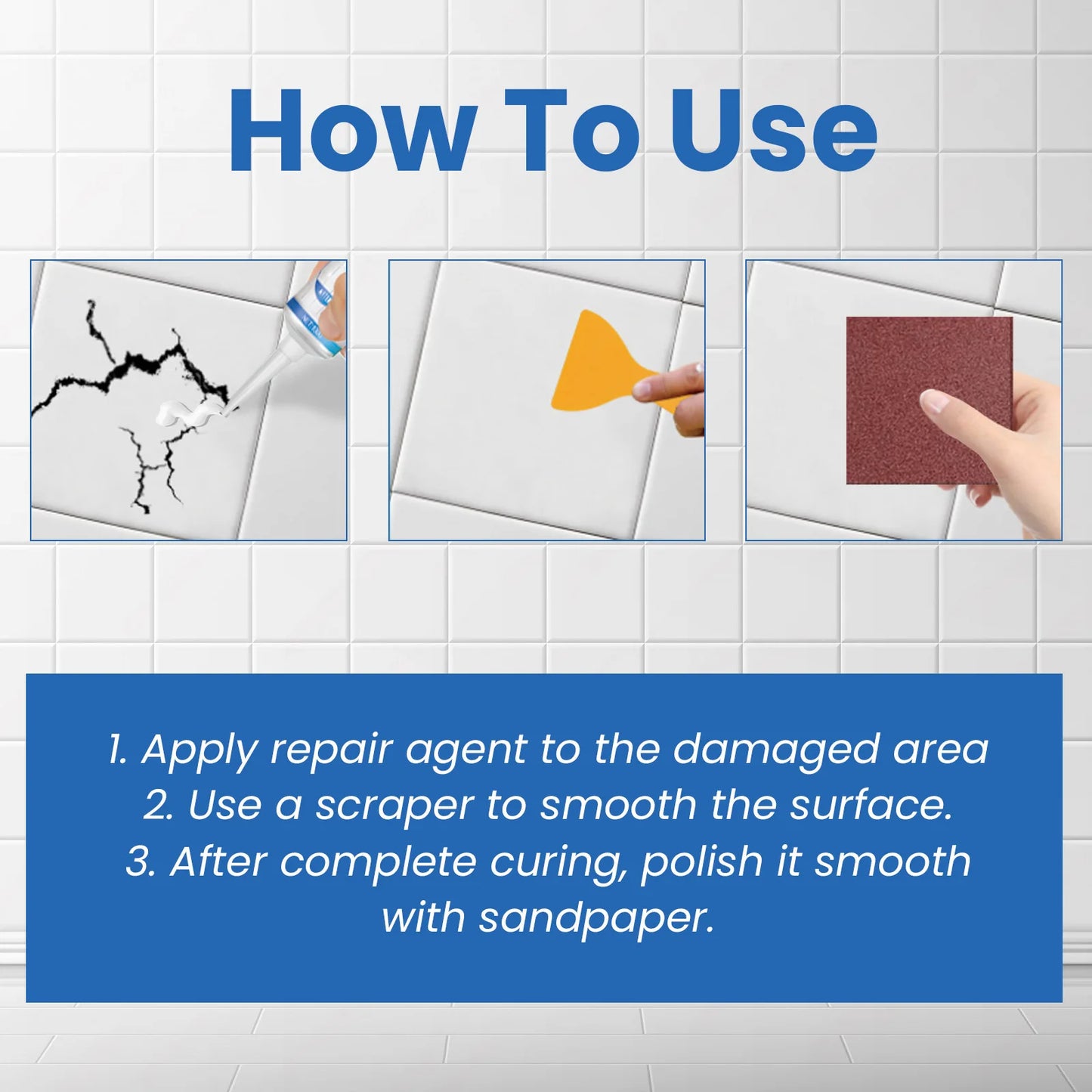 100g Tile Repair Glue Fast Drying Waterproof Patch Paste for Bathroom Kitchen Floor Wall Cracks Holes Includes Scraper Sandpaper Peaceful Pleasures Health and Wellness