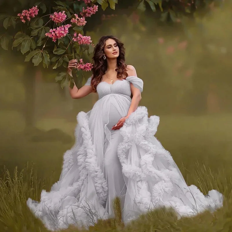 Fluffy White Tulle Maternity Robes for Photo Shoot Off Shoulder Tiered Ruffles Pregnant Women Dress Sexy Babyshower Gown Peaceful Pleasures Health and Wellness GRAY US 16 China Mainland