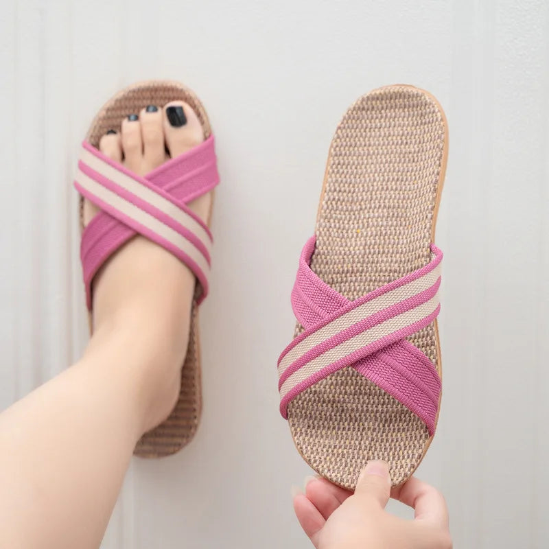 Women's Linen Flat Slippers – Lightweight Open Toe Indoor Slides