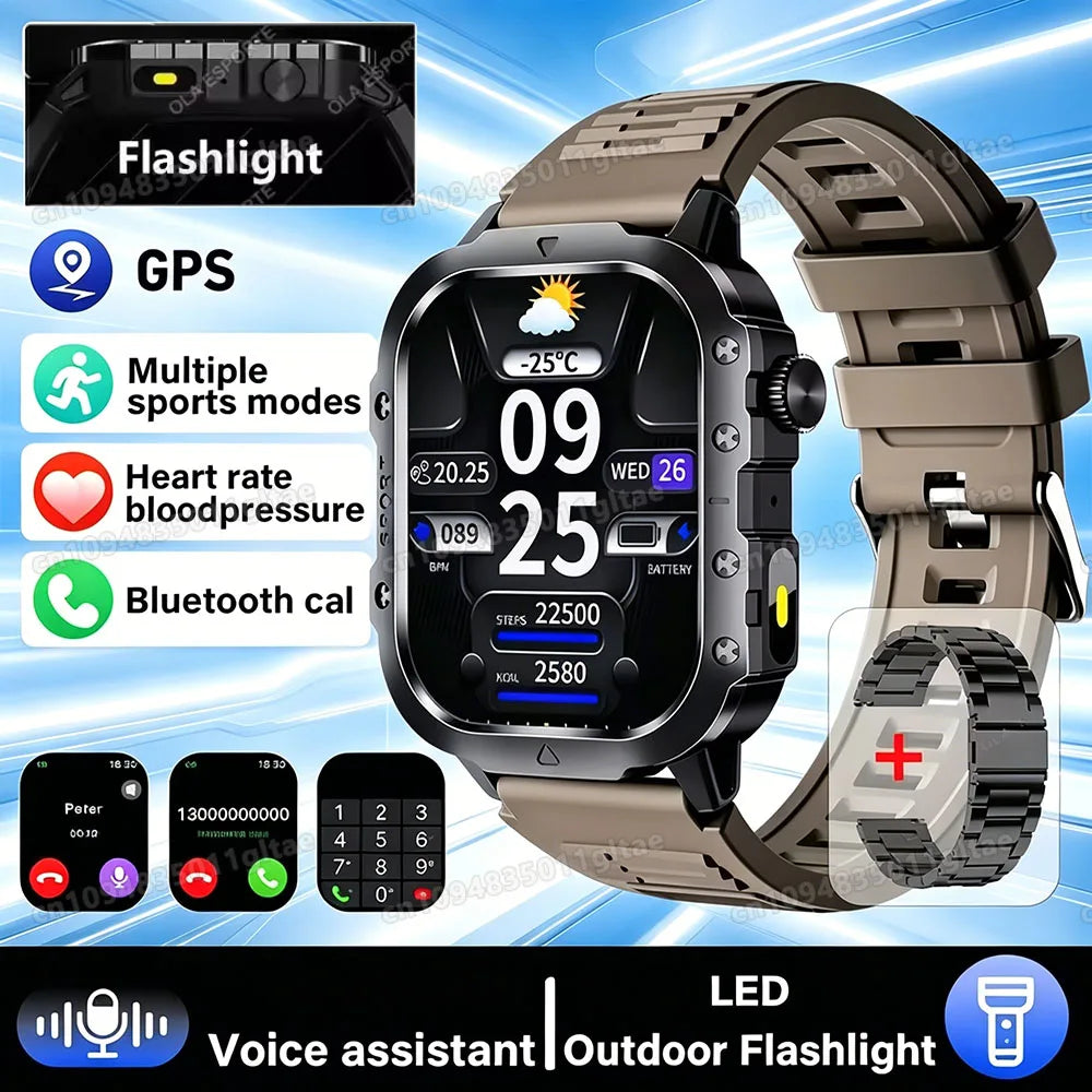 Outdoor Military Smartwatches Bluetooth Call Men 2.01" Blood Oxygen Monitor 5ATM Waterproof GPS Tracking Sports Smart Watch HW12 Peaceful Pleasures Health and Wellness 2.01 Br22BkSzstrap Smartwatch