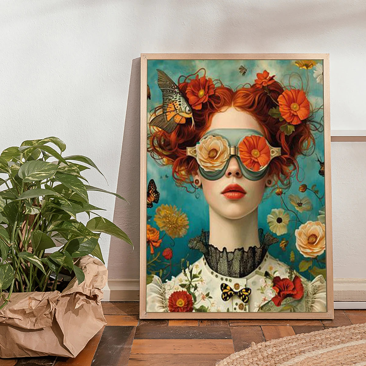 Nordic Boho Fashion Glasses Woman With Flowers Wall Art Canvas Painting Butterfly With Girl Portrait Poster Prints Mural Picture Peaceful Pleasures Health and Wellness