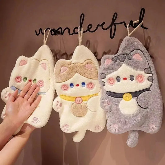 Cute Cat Hand Towel Quick Drying Kitchen Cleaning Rag Coral Velvet Cartoon Animal Absorbent Bathroom Hanging Towel Home Supplies Peaceful Pleasures Health and Wellness
