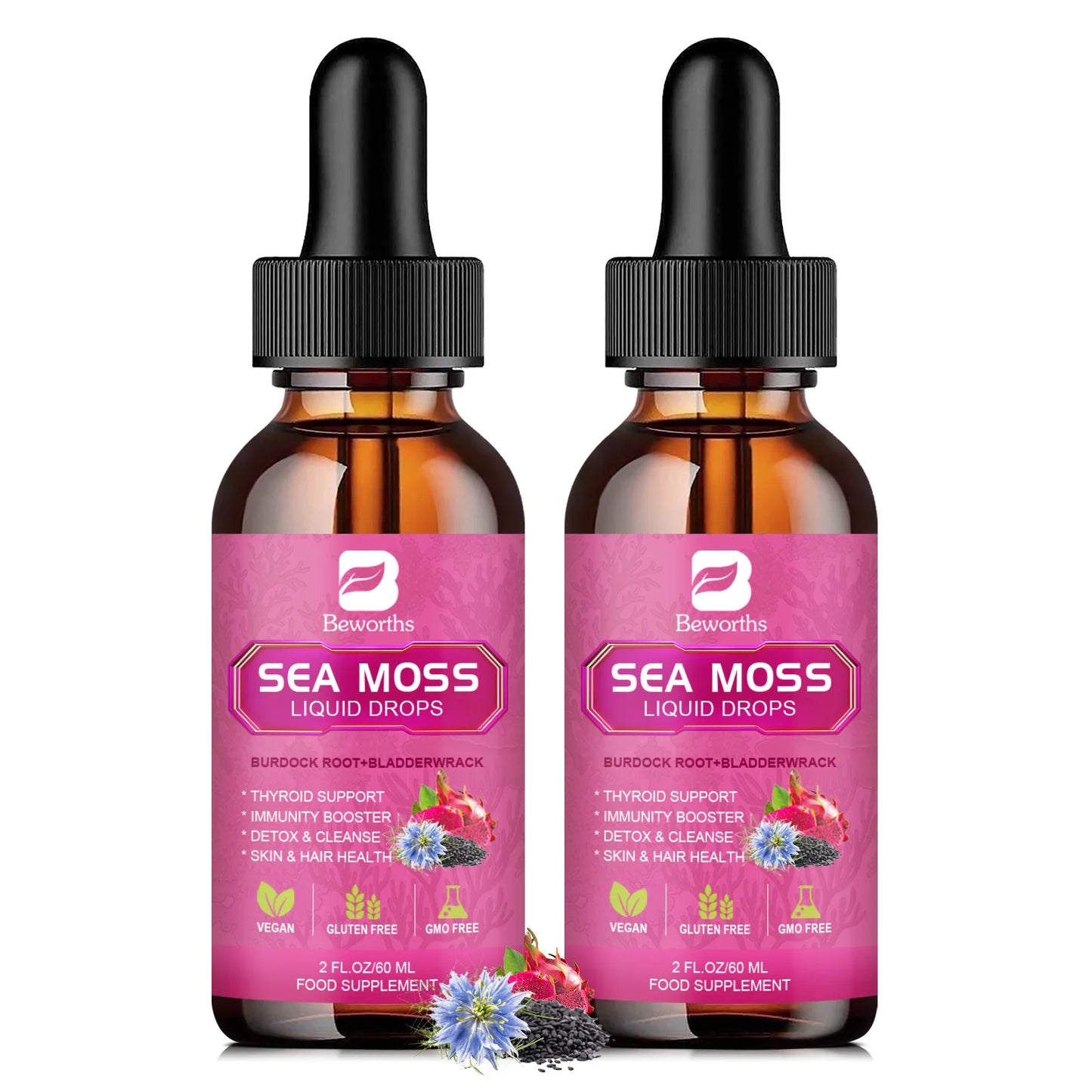 Sea Moss Liquid Drops 3000mg – Black Seed Oil, Burdock Root & Elderberry Peaceful Pleasures Health and Wellness 2bottles United States