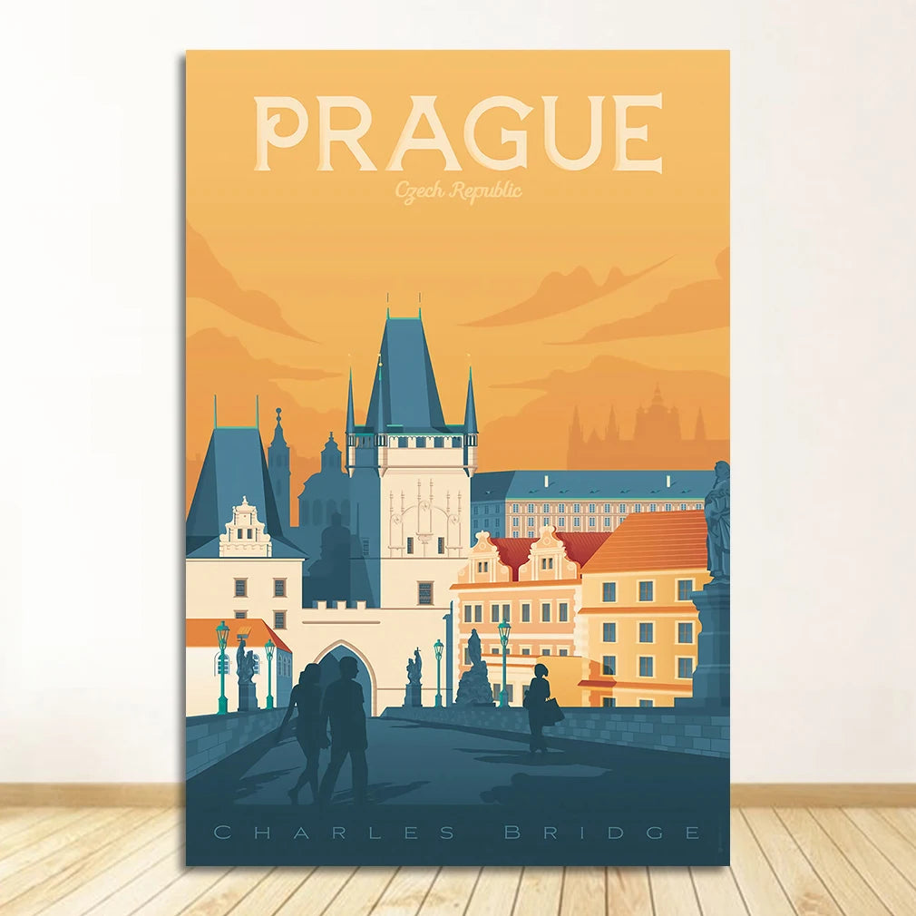 Prague Czech Republic Vintage Travel Canvas Wall Art Poster