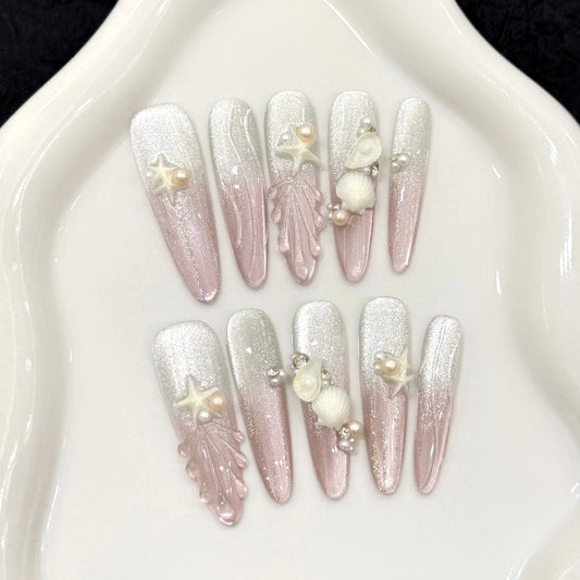 10pcs Handmade Long Oval Press on Nails Gradient Pink Cat Eye Fake Nails Wearable Detachable Ocean Shell Pearl Decor False Nails Peaceful Pleasures Health and Wellness L 1